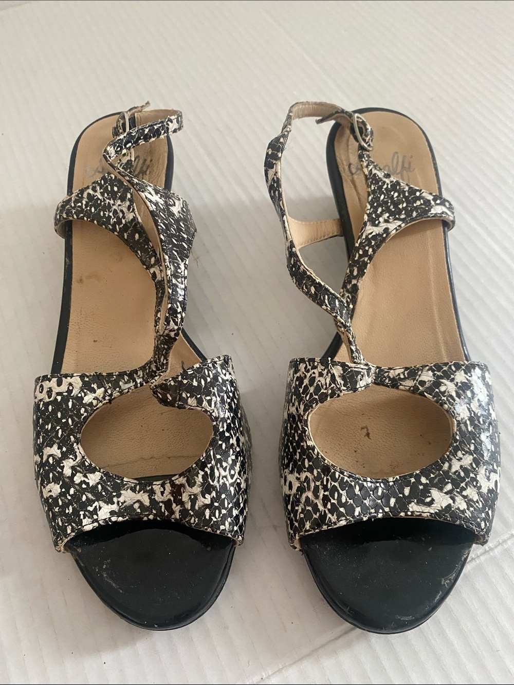 Amalfi Brown & Creme Patterned Slingback leather Sandals w black heels Size 7.5